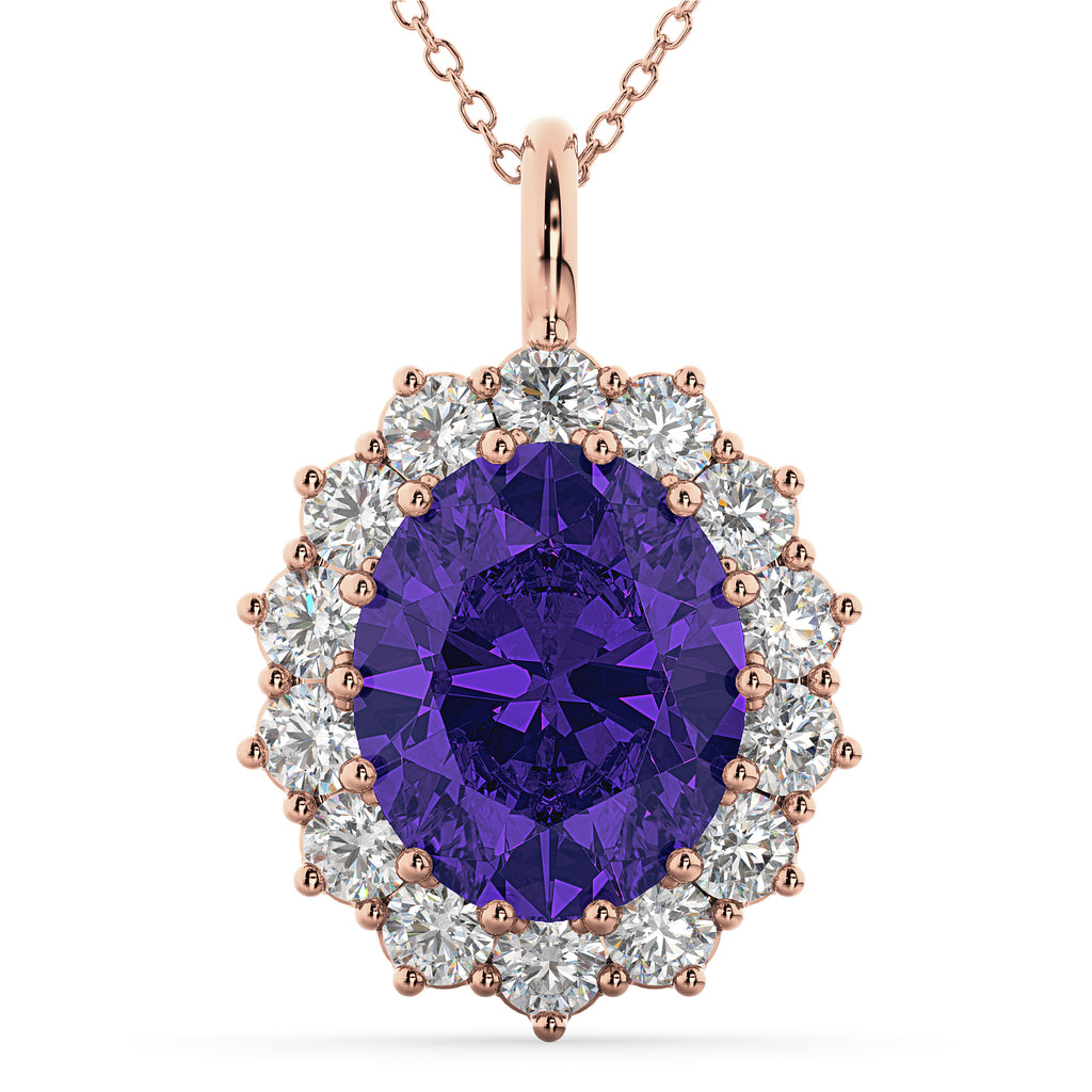 Oval Tanzanite & Diamond Halo Pendant Necklace 14k Rose Gold (6.40ct)