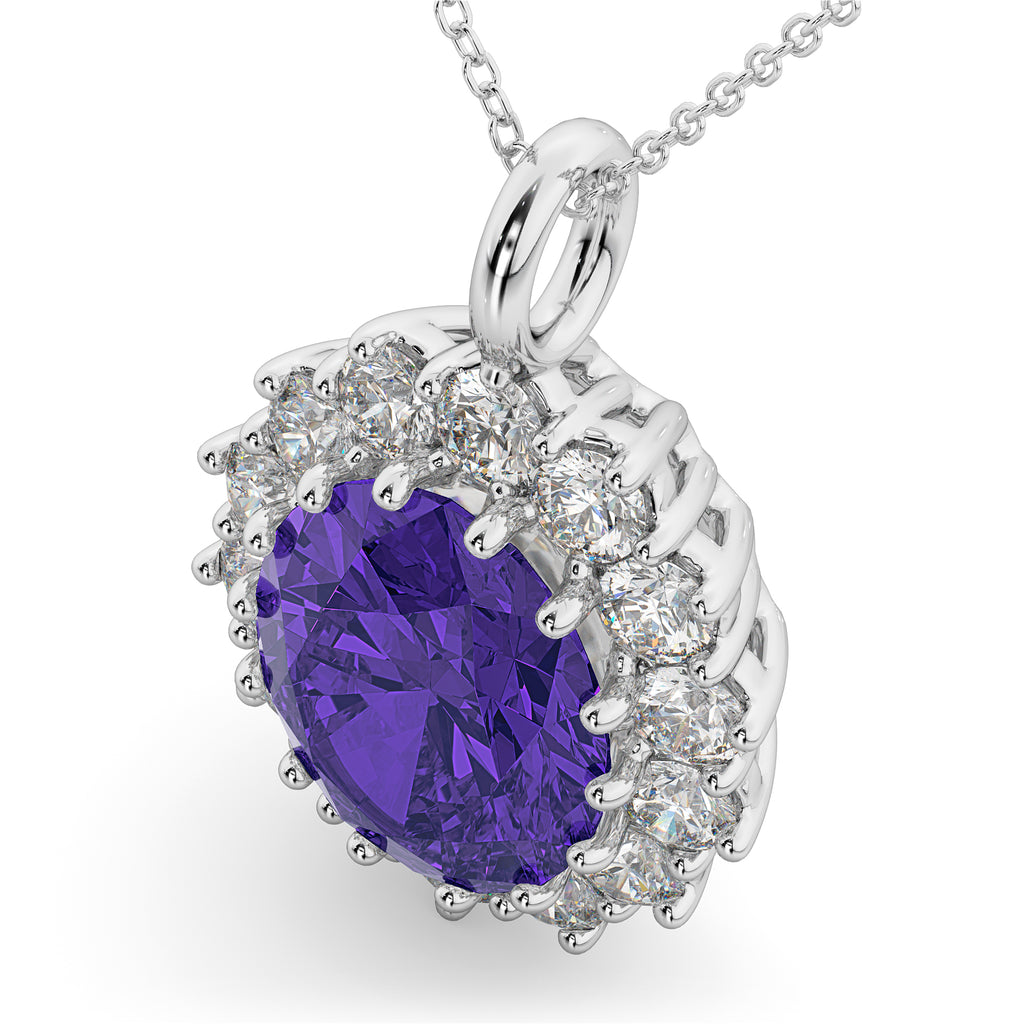 Oval Tanzanite & Diamond Halo Pendant Necklace 14k White Gold (6.40ct)