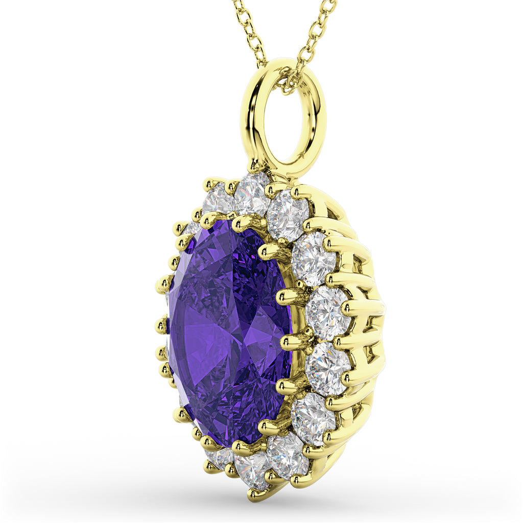 Oval Tanzanite & Diamond Halo Pendant Necklace 14k Yellow Gold (6.40ct)