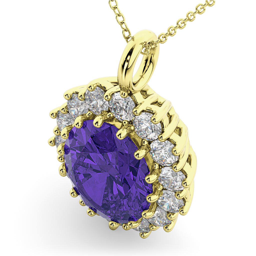 Oval Tanzanite & Diamond Halo Pendant Necklace 14k Yellow Gold (6.40ct)