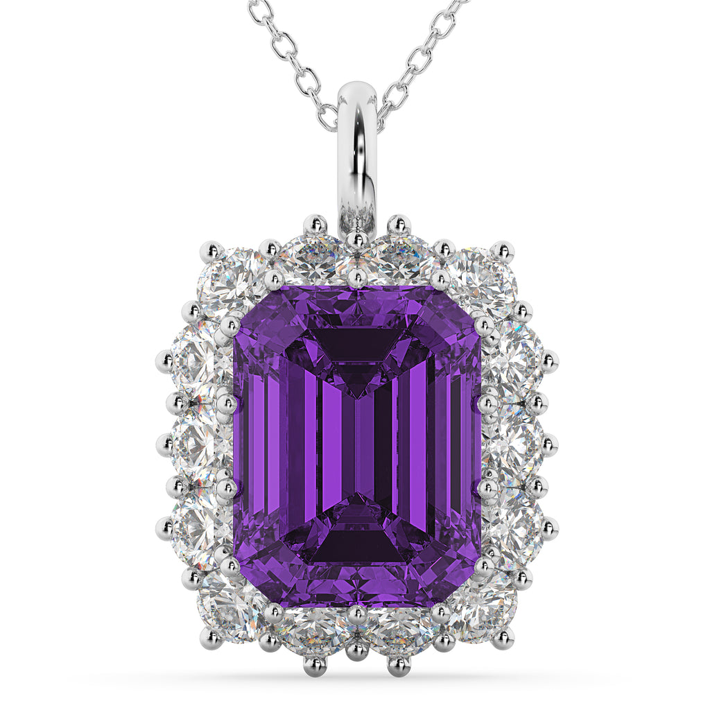Emerald Cut Amethyst & Diamond Pendant 14k White Gold (5.68ct)