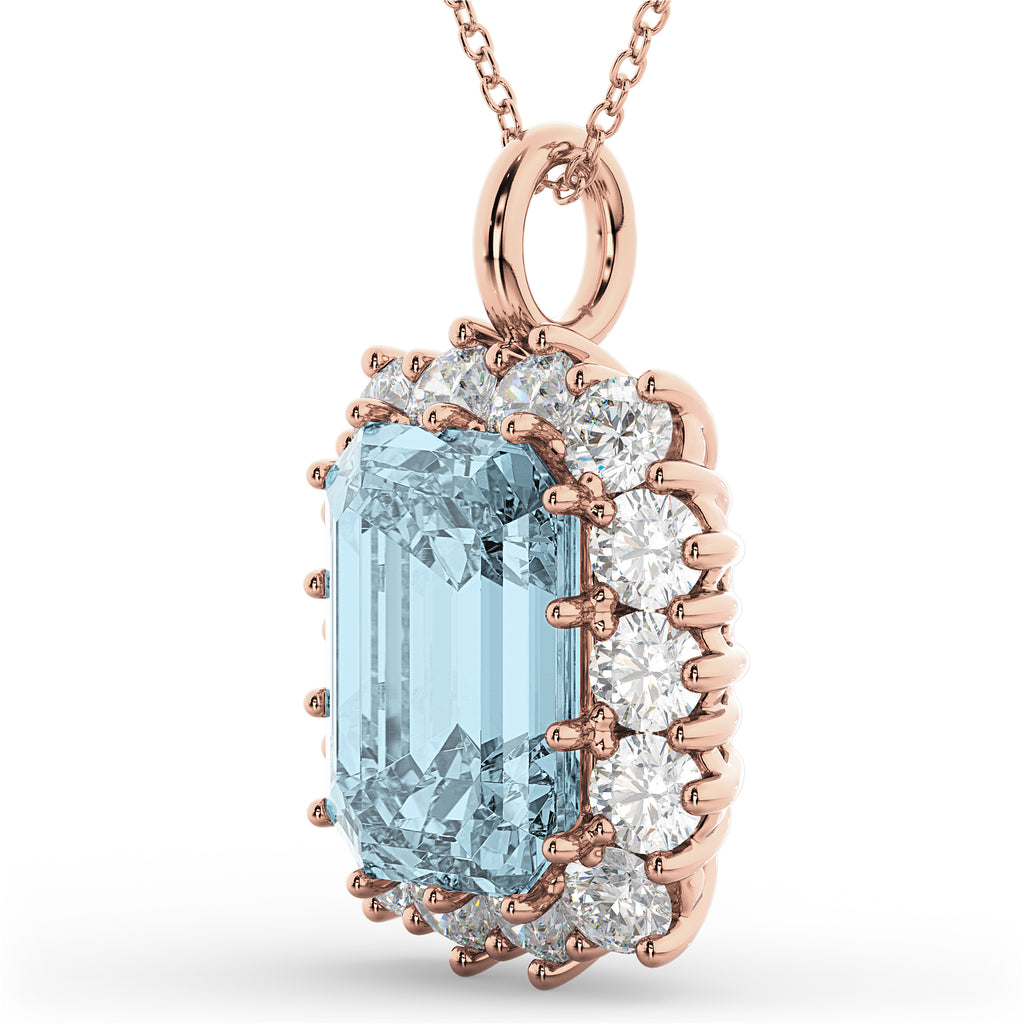 Emerald Cut Aquamarine & Diamond Pendant 14k Rose Gold (5.68ct)