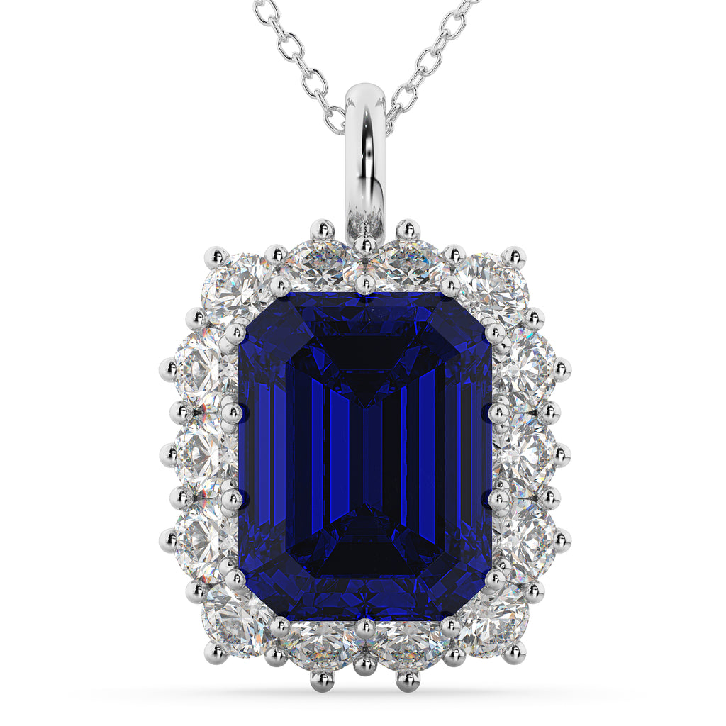 Emerald Cut Blue Sapphire & Diamond Pendant 14k White Gold (5.68ct)