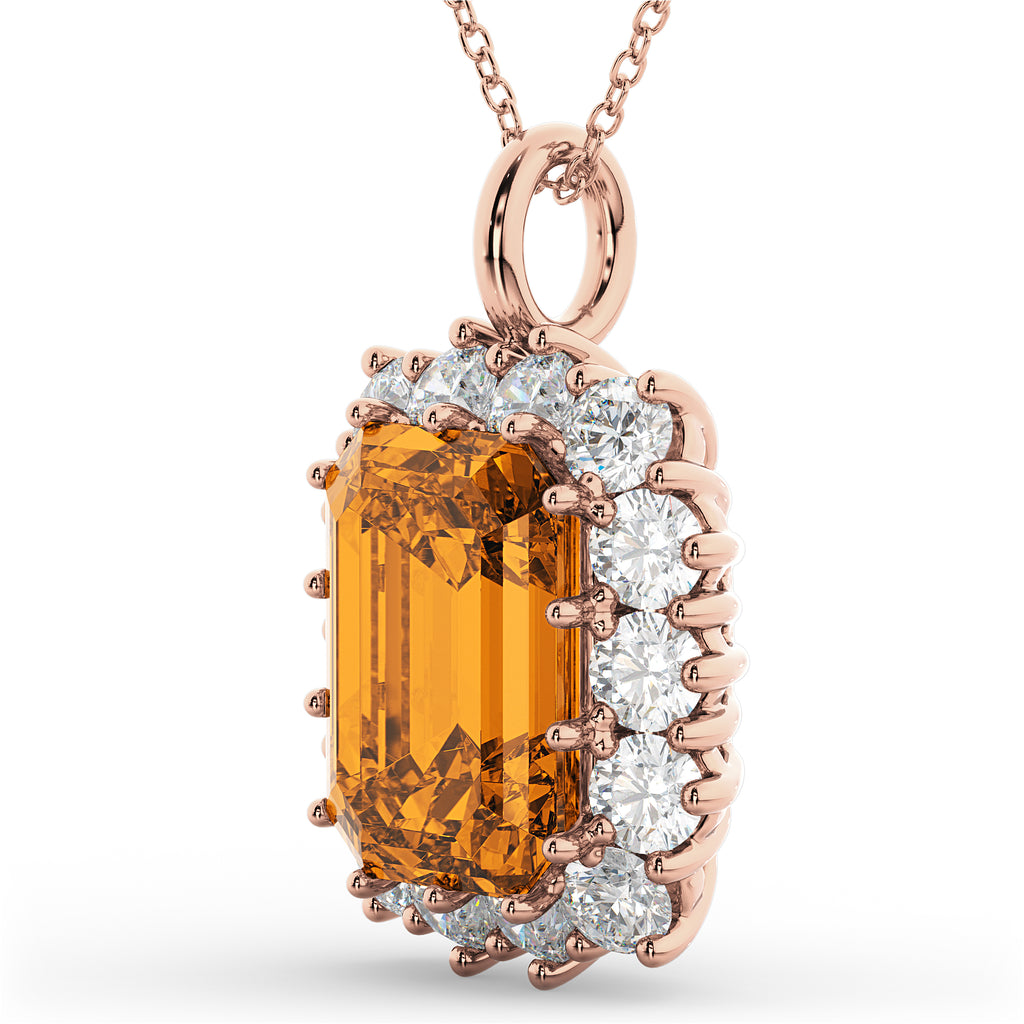 Emerald Cut Citrine & Diamond Pendant 14k Rose Gold (5.68ct)