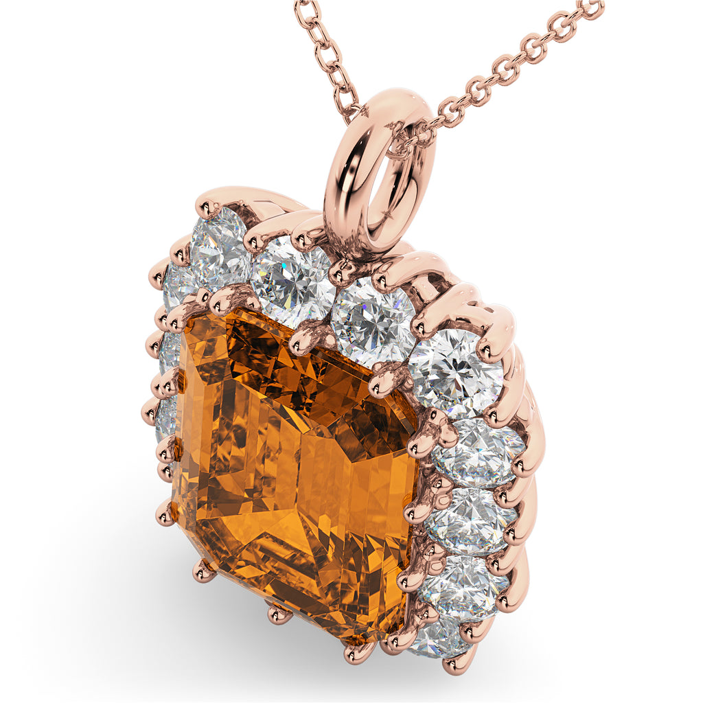 Emerald Cut Citrine & Diamond Pendant 14k Rose Gold (5.68ct)
