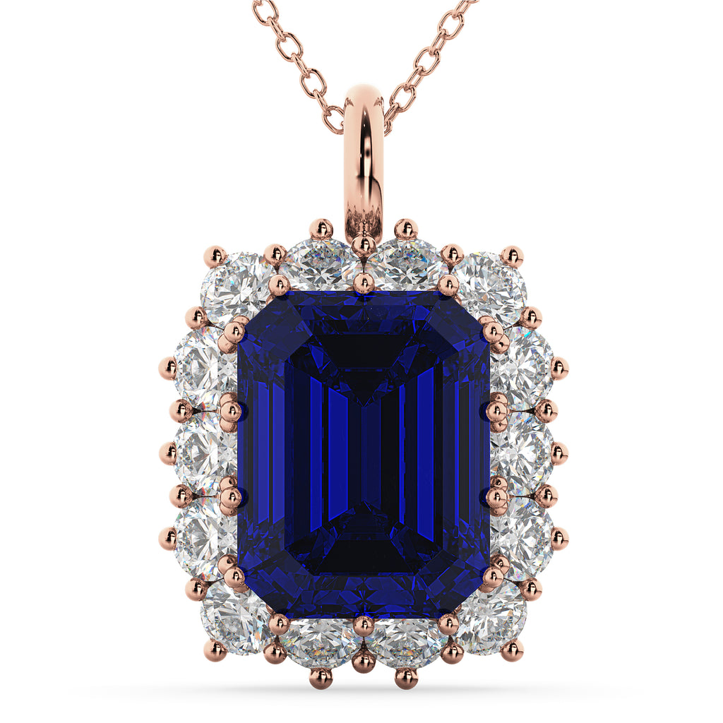 Emerald Cut Lab Blue Sapphire & Diamond Pendant 14k Rose Gold (5.68ct)