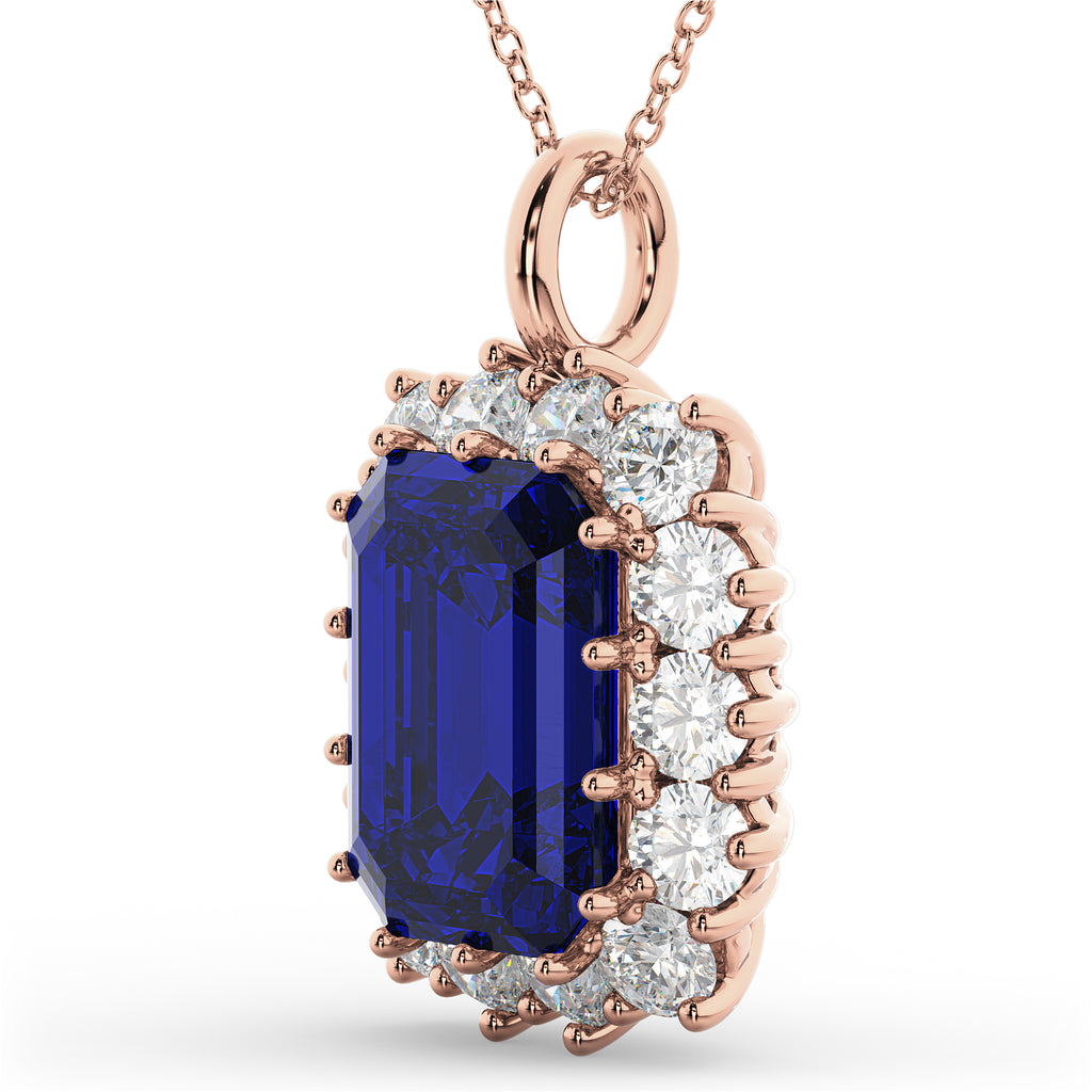 Emerald Cut Lab Blue Sapphire & Diamond Pendant 14k Rose Gold (5.68ct)