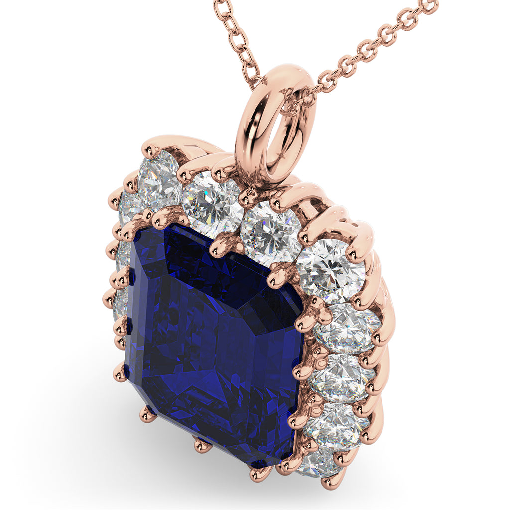 Emerald Cut Lab Blue Sapphire & Diamond Pendant 14k Rose Gold (5.68ct)