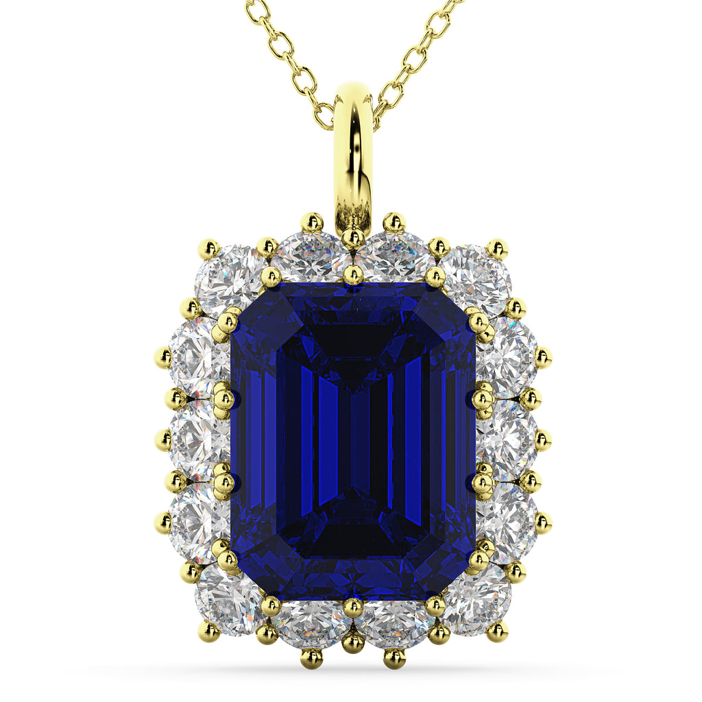 Emerald Cut Lab Blue Sapphire & Diamond Pendant 14k Yellow Gold (5.68ct)