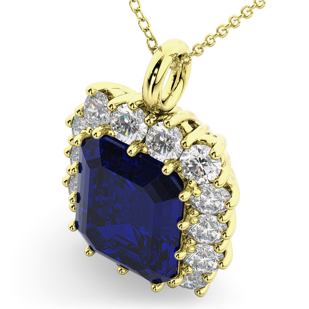 Emerald Cut Lab Blue Sapphire & Diamond Pendant 14k Yellow Gold (5.68ct)