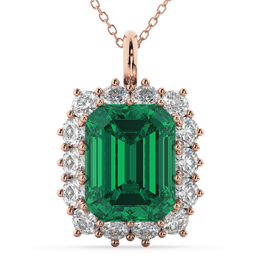 Emerald Cut Lab Emerald & Diamond Pendant 14k Rose Gold (5.68ct)