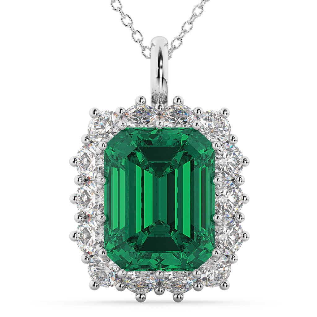 Emerald Cut Lab Emerald & Diamond Pendant 14k White Gold (5.68ct)
