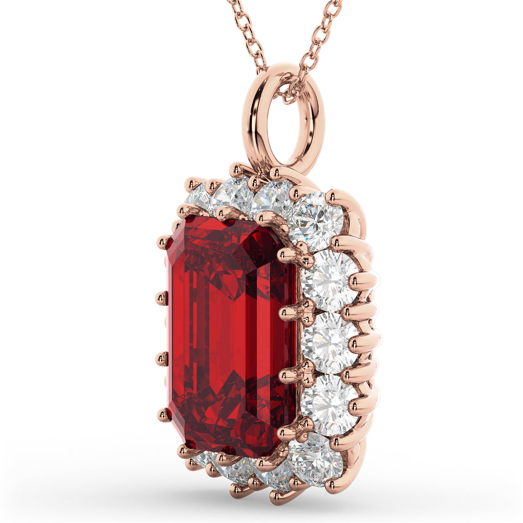 Emerald Cut Lab Ruby & Diamond Pendant 14k Rose Gold (5.68ct)