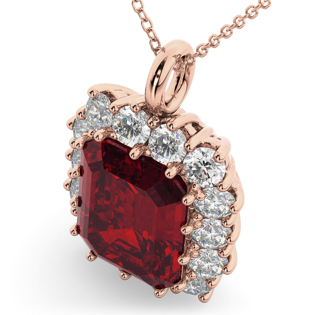 Emerald Cut Lab Ruby & Diamond Pendant 14k Rose Gold (5.68ct)