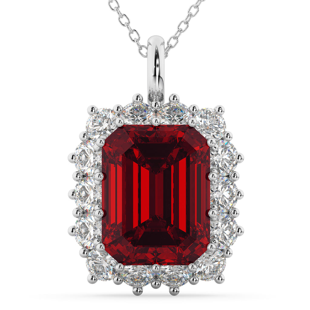 Emerald Cut Lab Grown Ruby & Diamond Pendant 14k White Gold (5.68ct)
