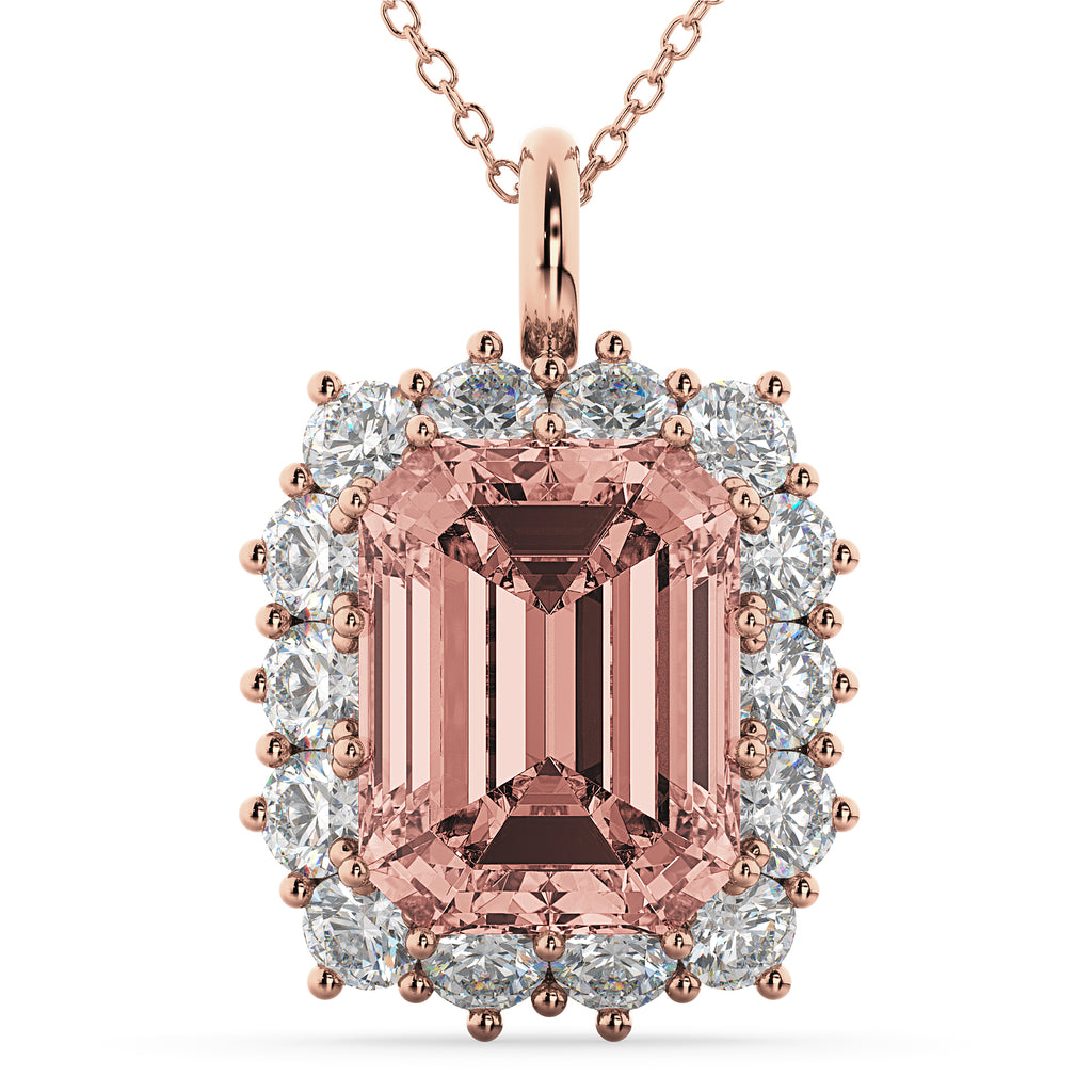 Emerald Cut Morganite & Diamond Pendant 14k Rose Gold (5.68ct)