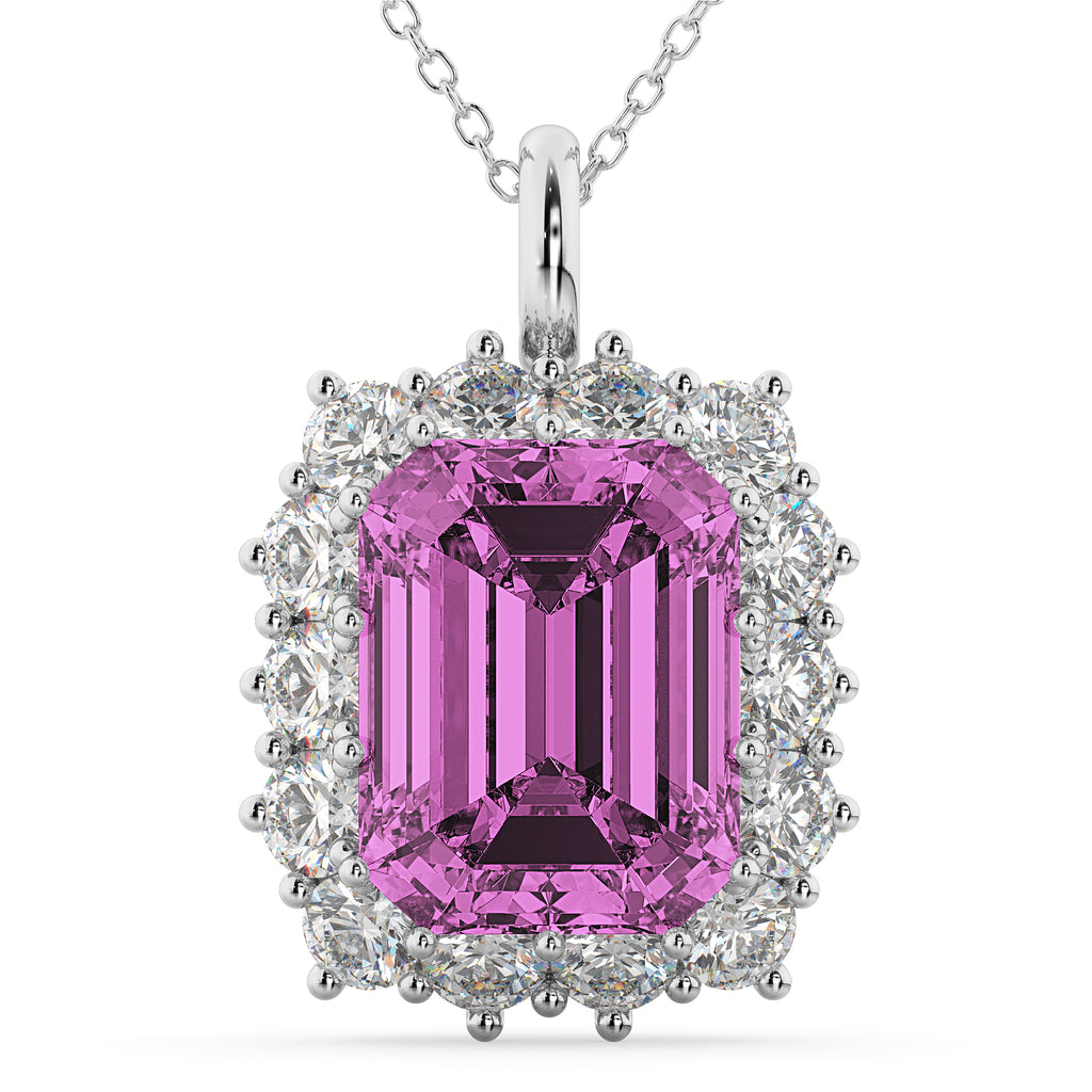 Emerald Cut Pink Sapphire & Diamond Pendant 14k White Gold (5.68ct)