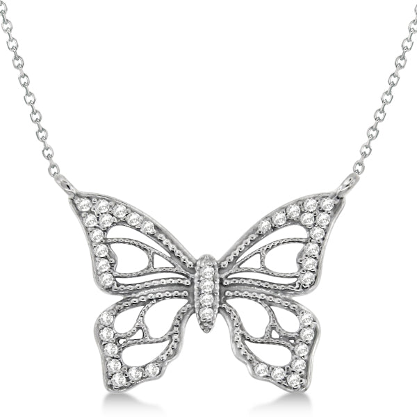 Diamond Monarch Butterfly Pendant Necklace 14k White Gold 0.20ctw