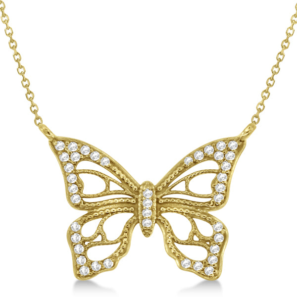 Diamond Monarch Butterfly Pendant Necklace 14k Yellow Gold 0.20ctw
