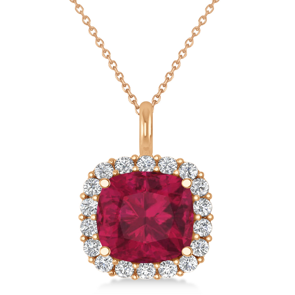 Cushion Cut Ruby & Diamond Halo Pendant 14k Rose Gold (2.96ct)