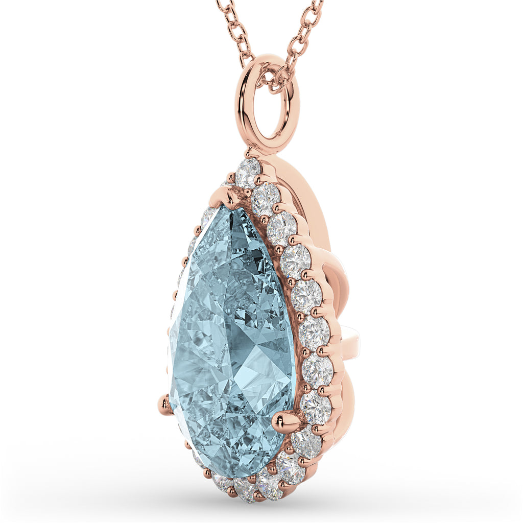 Halo Aquamarine & Diamond Pear Shaped Pendant Necklace 14k Rose Gold (6.04ct)