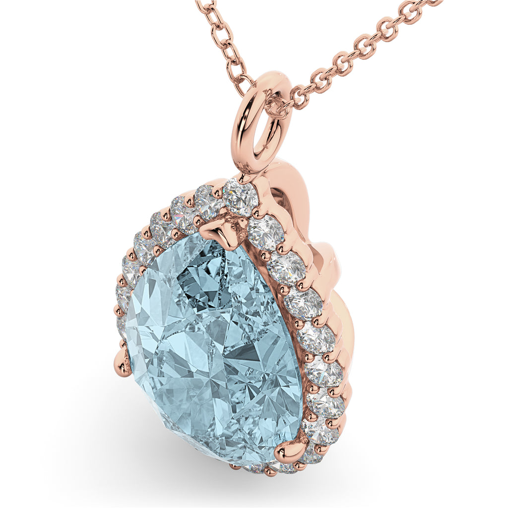 Halo Aquamarine & Diamond Pear Shaped Pendant Necklace 14k Rose Gold (6.04ct)
