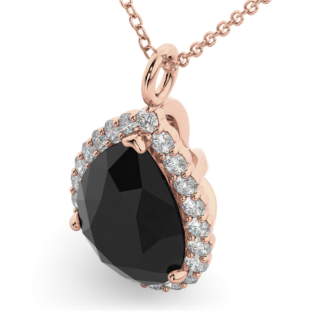 Halo Pear Shaped Black Diamond Necklace 14k Rose Gold (4.69ct)