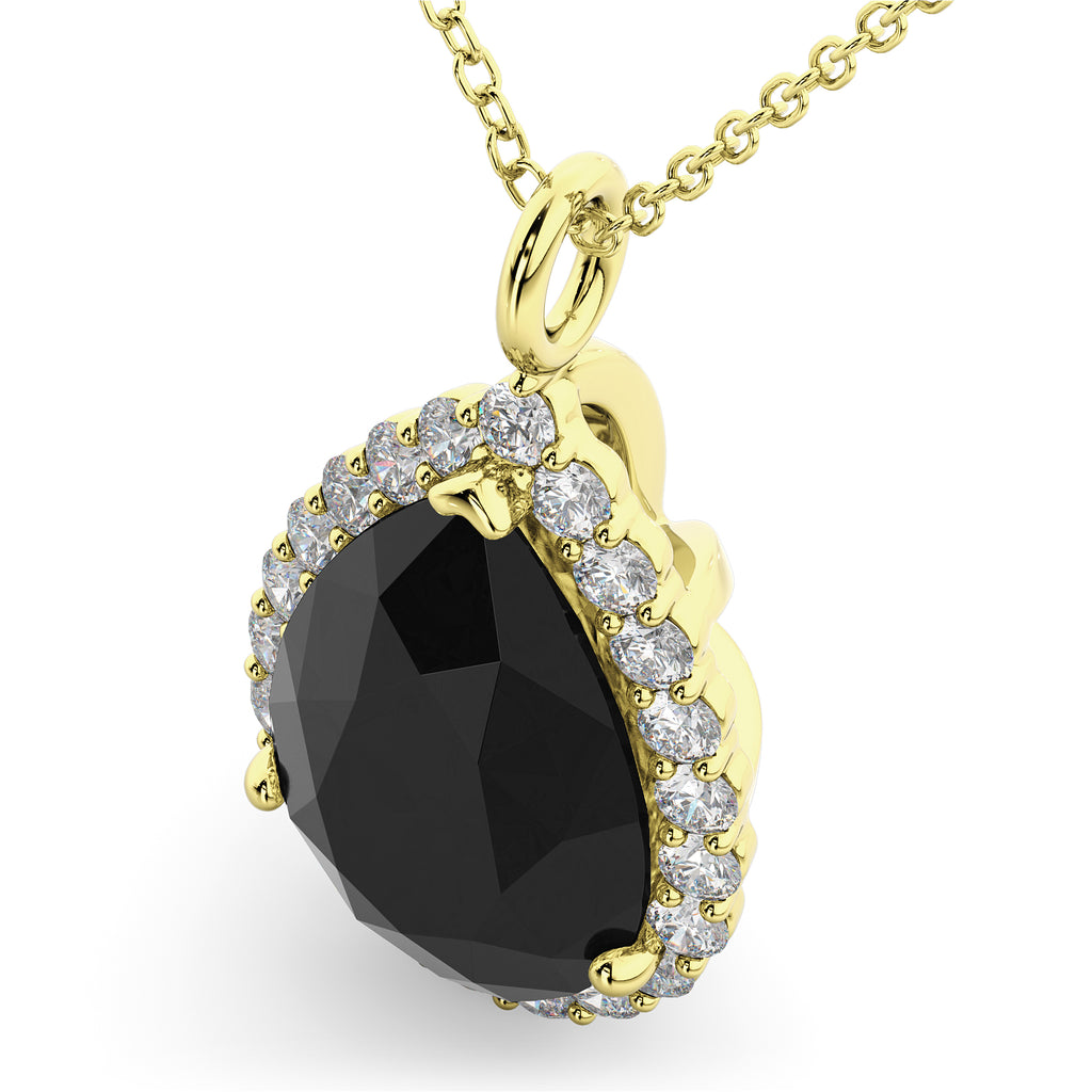 Halo Pear Shaped Black Diamond Necklace 14k Yellow Gold (4.69ct)