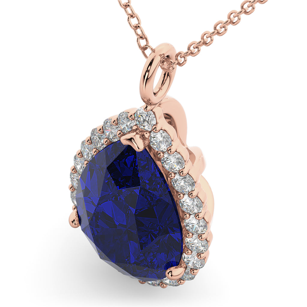 Halo Blue Sapphire & Diamond Pear Shaped Pendant Necklace 14k Rose Gold (8.34ct)