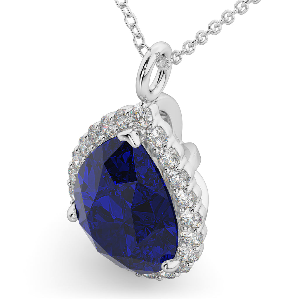 Halo Blue Sapphire & Diamond Pear Shaped Pendant Necklace 14k White Gold (8.34ct)