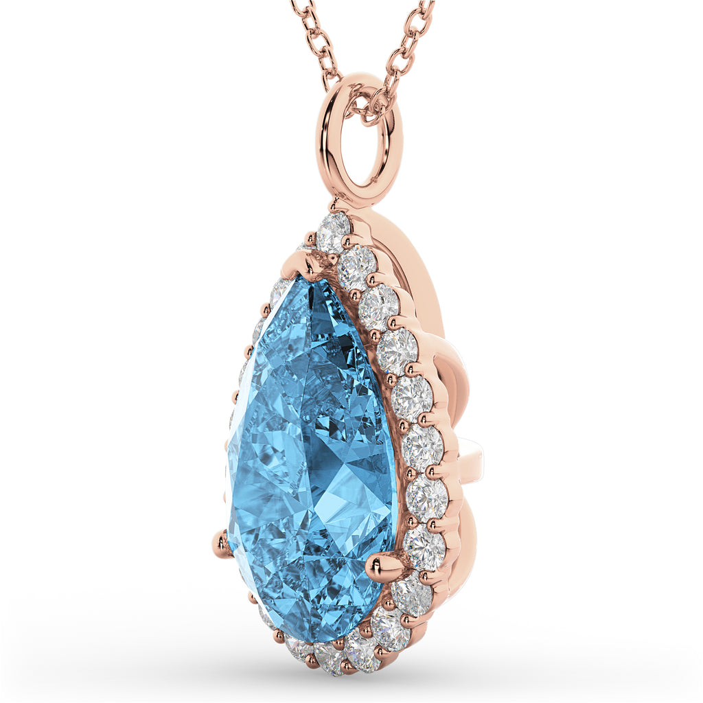 Halo Blue Topaz & Diamond Pear Shaped Pendant Necklace 14k Rose Gold (8.94ct)