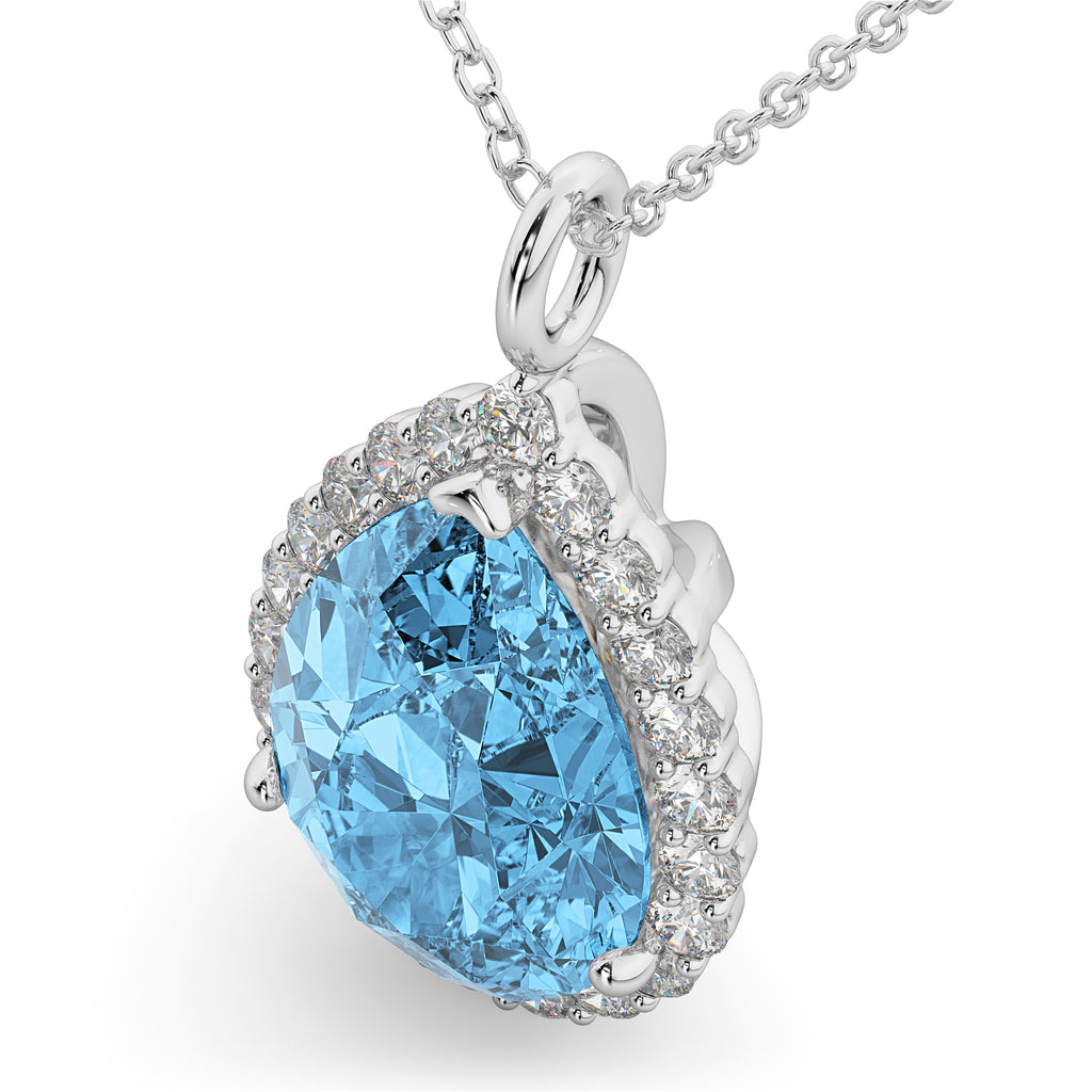 Halo Blue Topaz & Diamond Pear Shaped Pendant Necklace 14k White Gold (8.94ct)