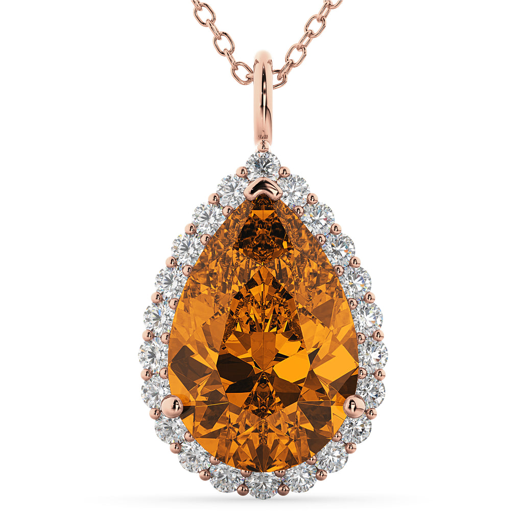 Halo Citrine & Diamond Pear Shaped Pendant Necklace 14k Rose Gold (5.44ct)
