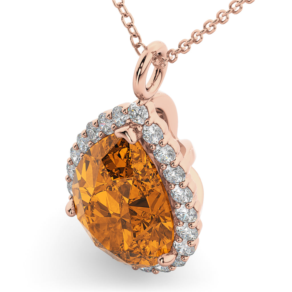 Halo Citrine & Diamond Pear Shaped Pendant Necklace 14k Rose Gold (5.44ct)