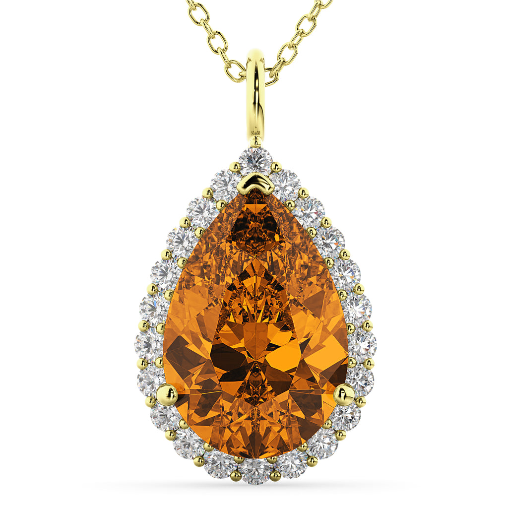 Halo Citrine & Diamond Pear Shaped Pendant Necklace 14k Yellow Gold (5.44ct)