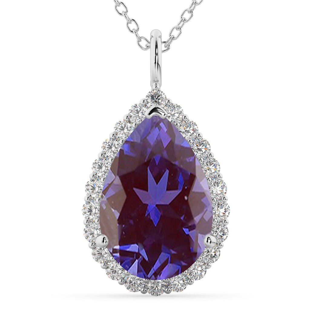 Halo Lab Alexandrite & Diamond Pear Shaped Pendant Necklace 14k White Gold (5.44ct)