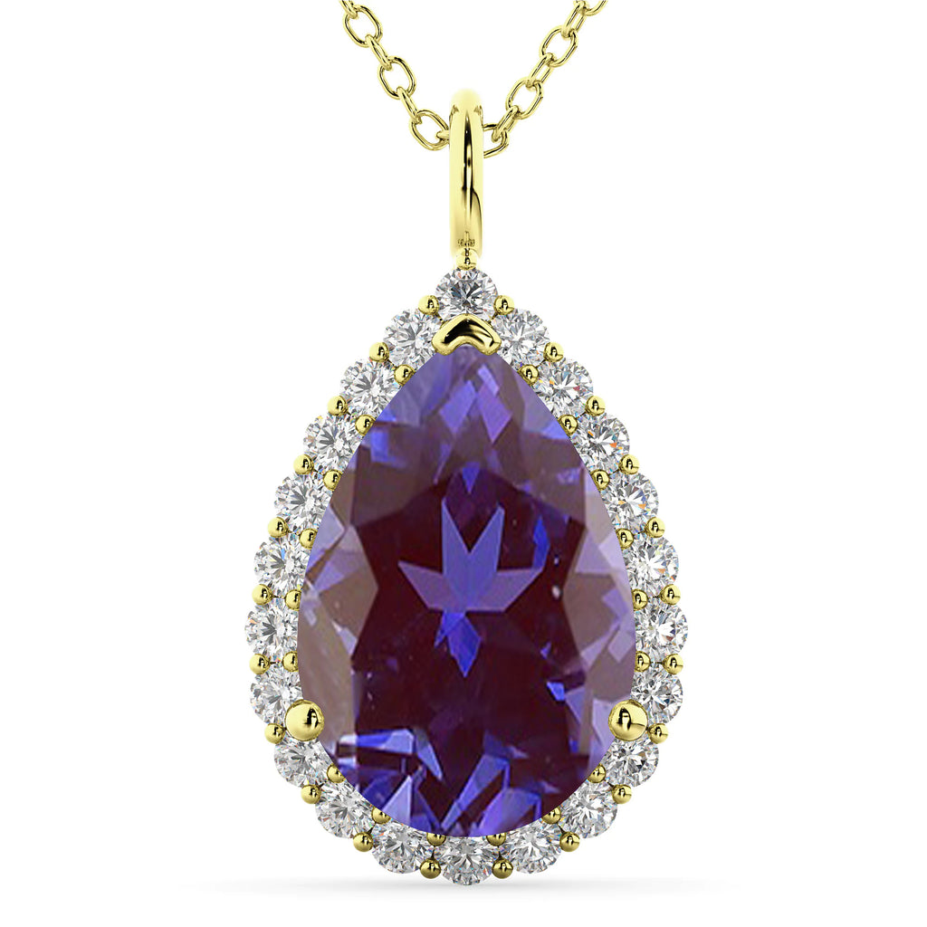 Halo Lab Alexandrite & Diamond Pear Shaped Pendant Necklace 14k Yellow Gold (5.44ct)