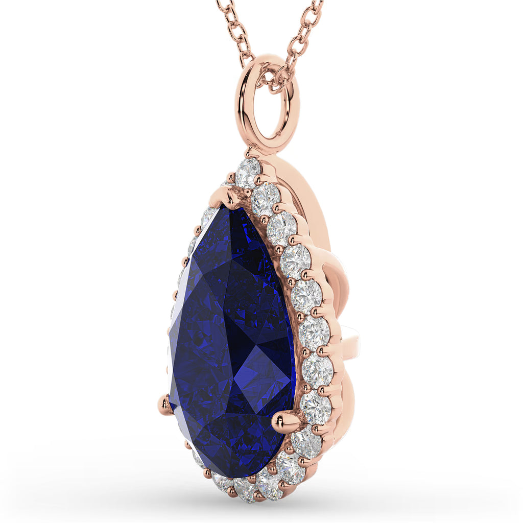 Halo Lab Blue Sapphire & Diamond Pear Shaped Pendant Necklace 14k Rose Gold (8.34ct)