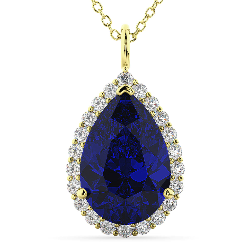 Halo Lab Blue Sapphire & Diamond Pear Shaped Pendant Necklace 14k Yellow Gold (8.34ct)