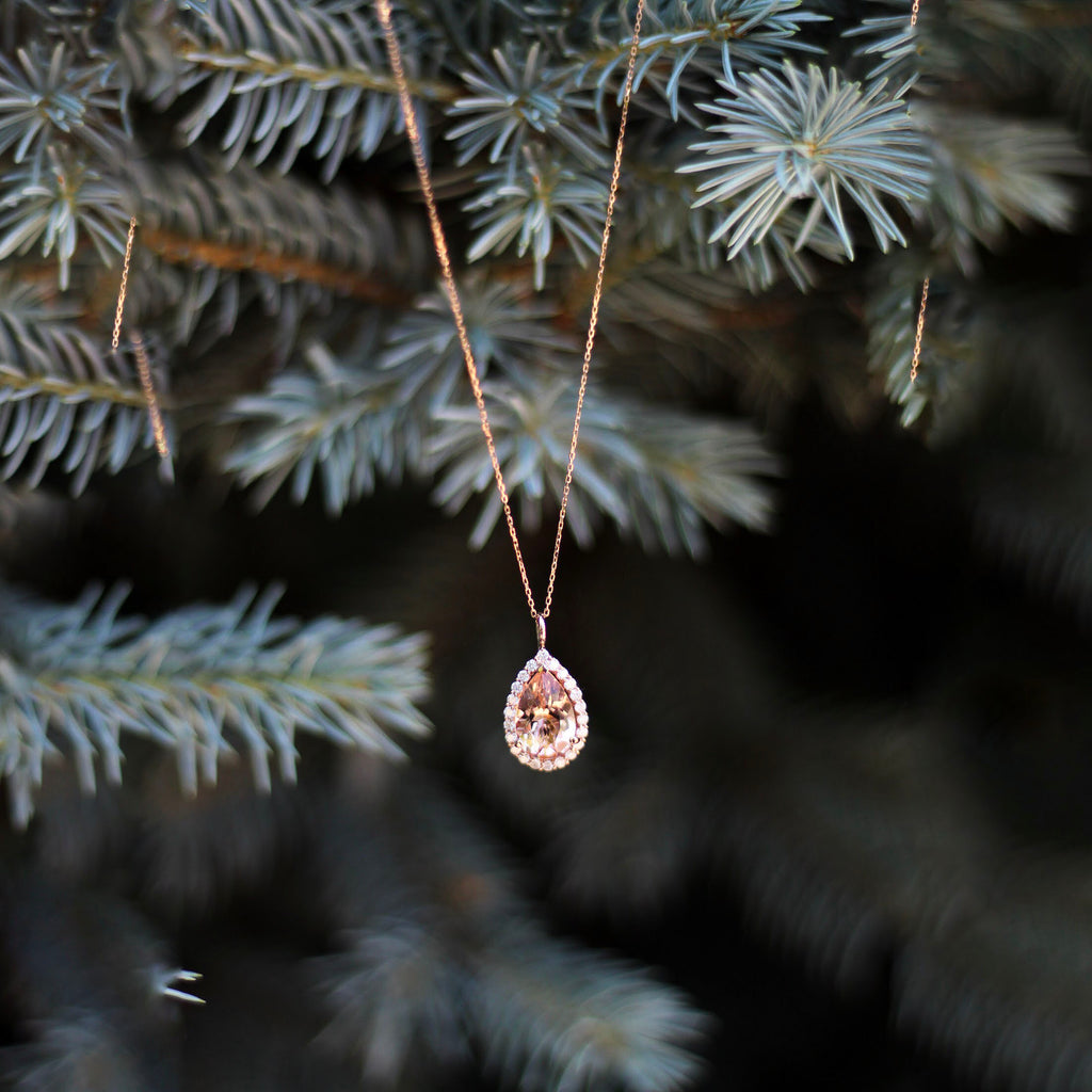 Halo Morganite & Diamond Pear Shaped Pendant Necklace 14k Rose Gold (4.04ct)