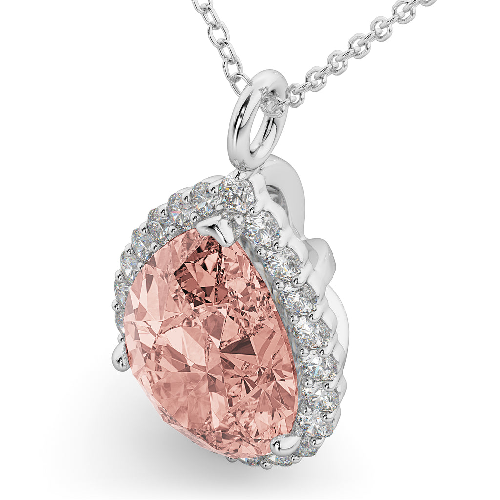 Halo Morganite & Diamond Pear Shaped Pendant Necklace 14k White Gold (4.04ct)