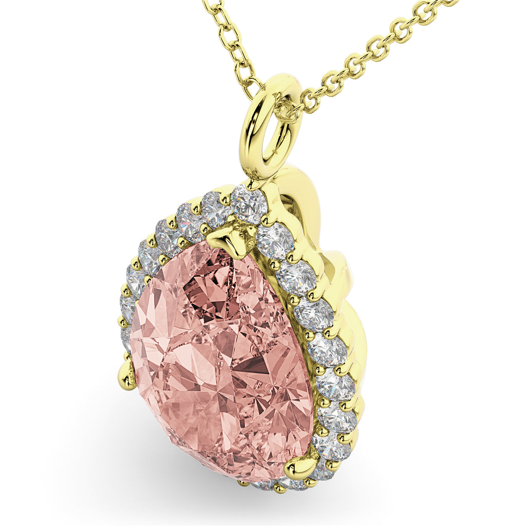 Halo Morganite & Diamond Pear Shaped Pendant Necklace 14k Yellow Gold (4.04ct)