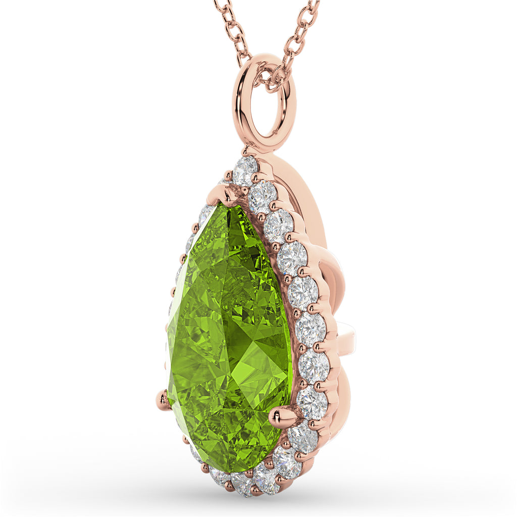 Halo Peridot & Diamond Pear Shaped Pendant Necklace 14k Rose Gold (5.19ct)