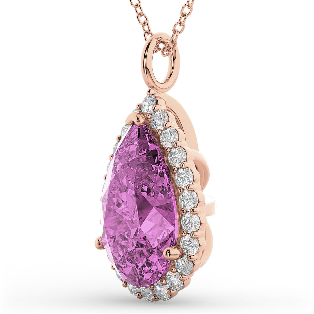 Halo Pink Sapphire & Diamond Pear Shaped Pendant Necklace 14k Rose Gold (8.34ct)