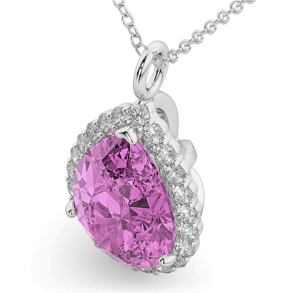 Halo Pink Sapphire & Diamond Pear Shaped Pendant Necklace 14k White Gold (8.34ct)