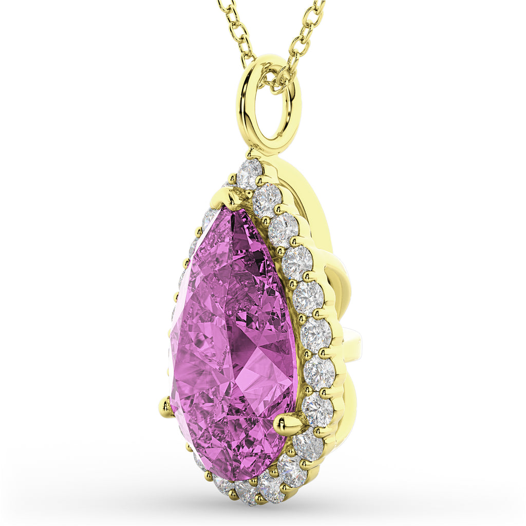 Halo Pink Sapphire & Diamond Pear Shaped Pendant Necklace 14k Yellow Gold (8.34ct)