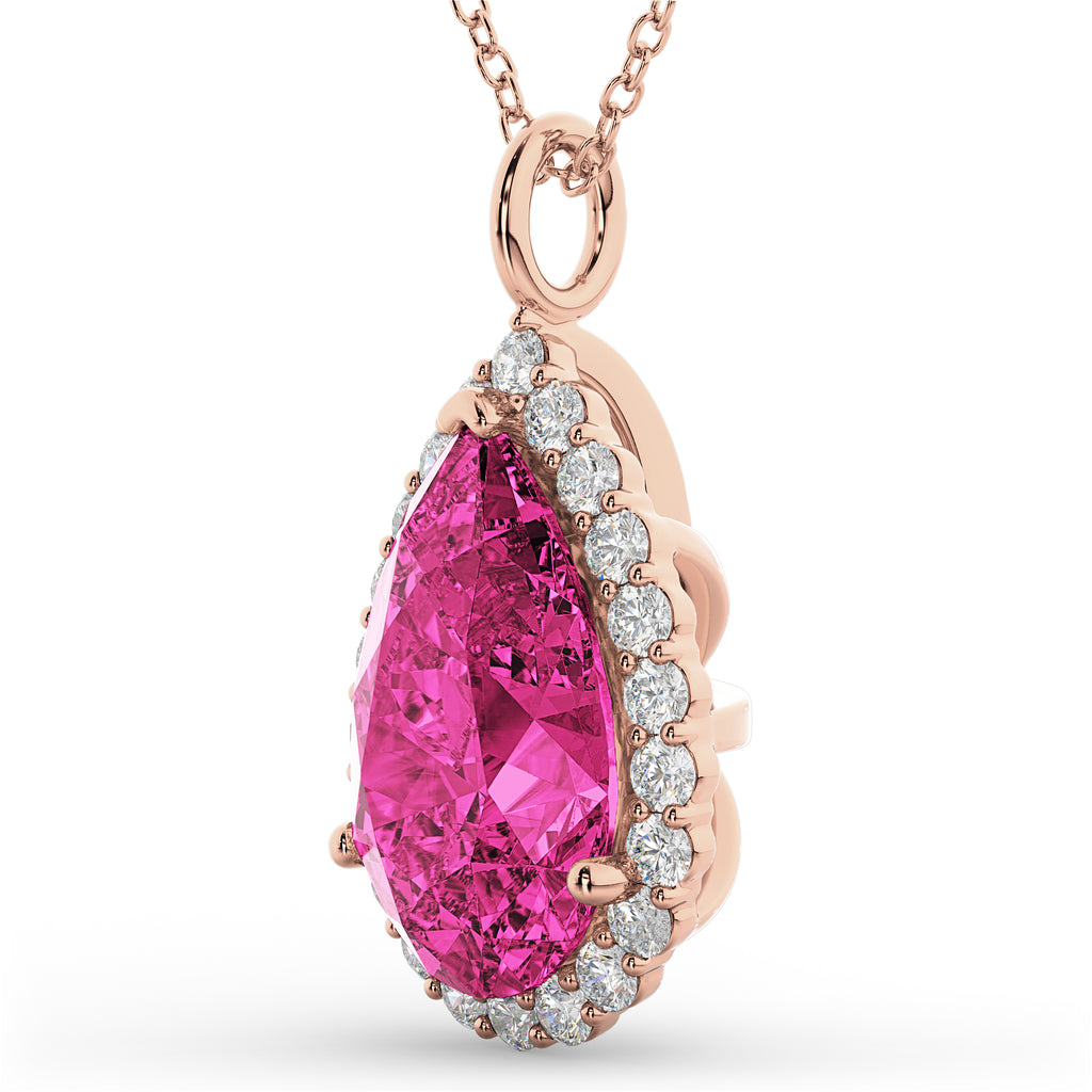 Halo Pink Tourmaline & Diamond Pear Shaped Pendant Necklace 14k Rose Gold (7.19ct)