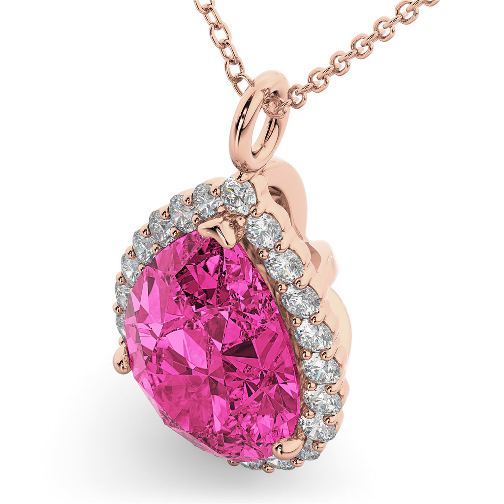 Halo Pink Tourmaline & Diamond Pear Shaped Pendant Necklace 14k Rose Gold (7.19ct)