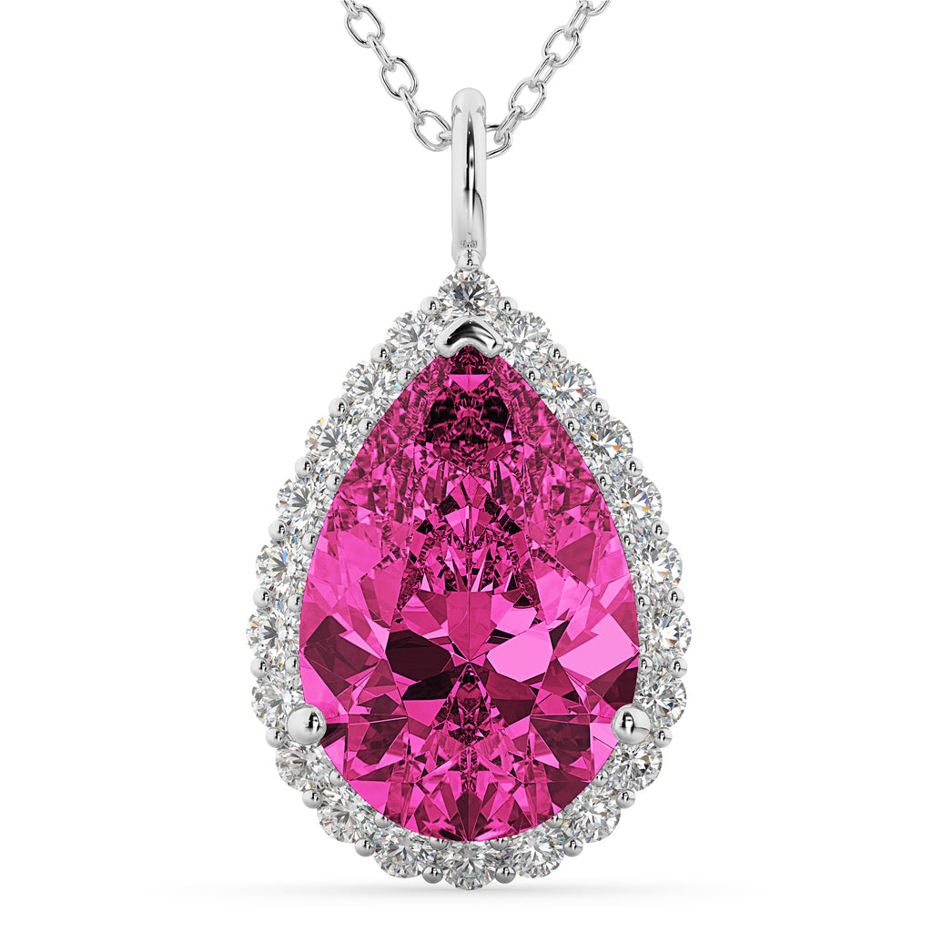 Halo Pink Tourmaline & Diamond Pear Shaped Pendant Necklace 14k White Gold (7.19ct)