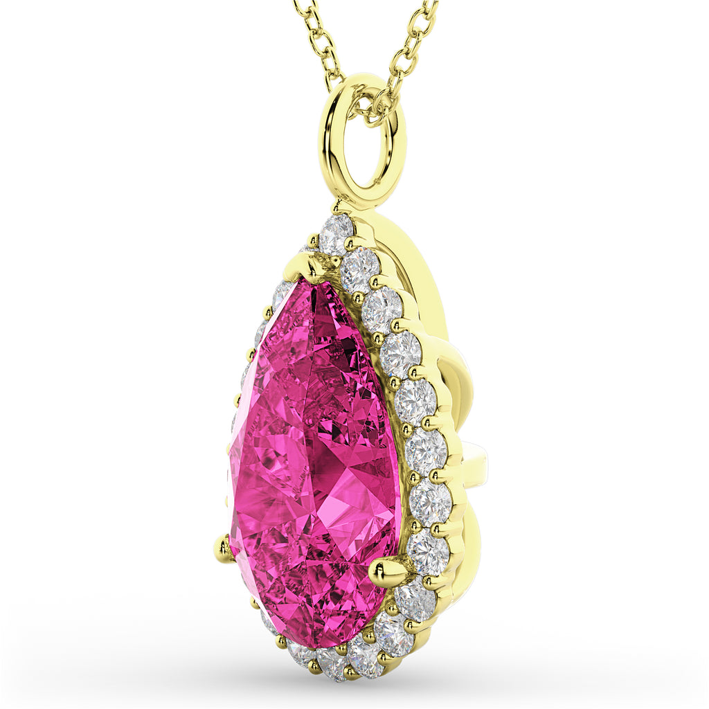 Halo Pink Tourmaline & Diamond Pear Shaped Pendant Necklace 14k Yellow Gold (7.19ct)